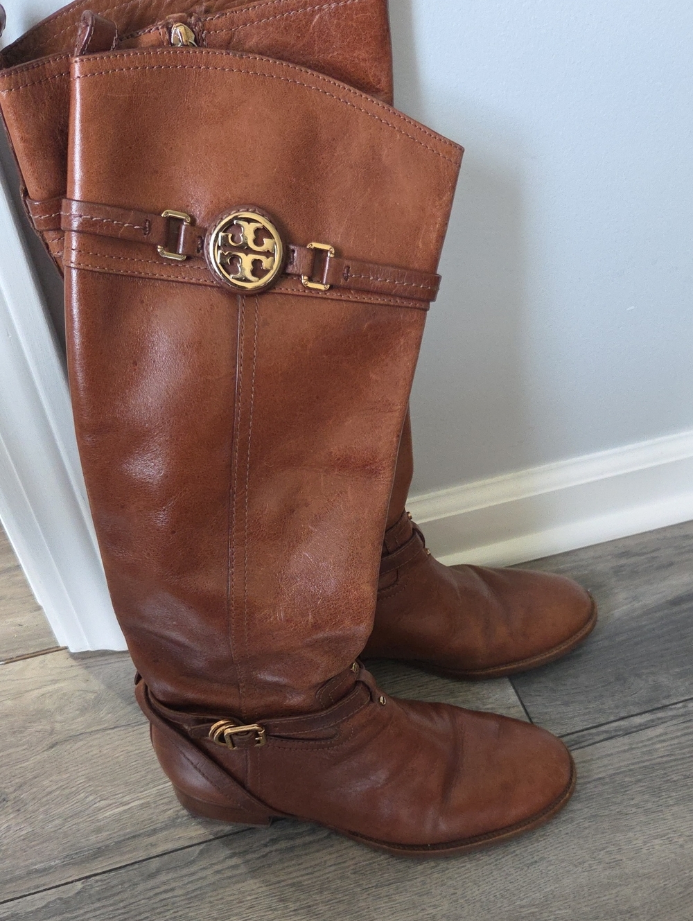 Tory Burch Brown Leather Tall Riding Boots with Gold Logo